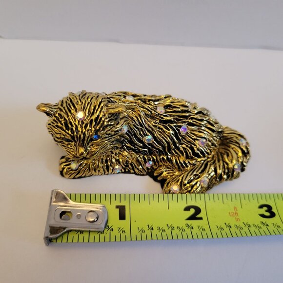 Jeweled Gold Cat Trinket Box With Hinged Lid & Velvet Lining - Picture 9 of 9